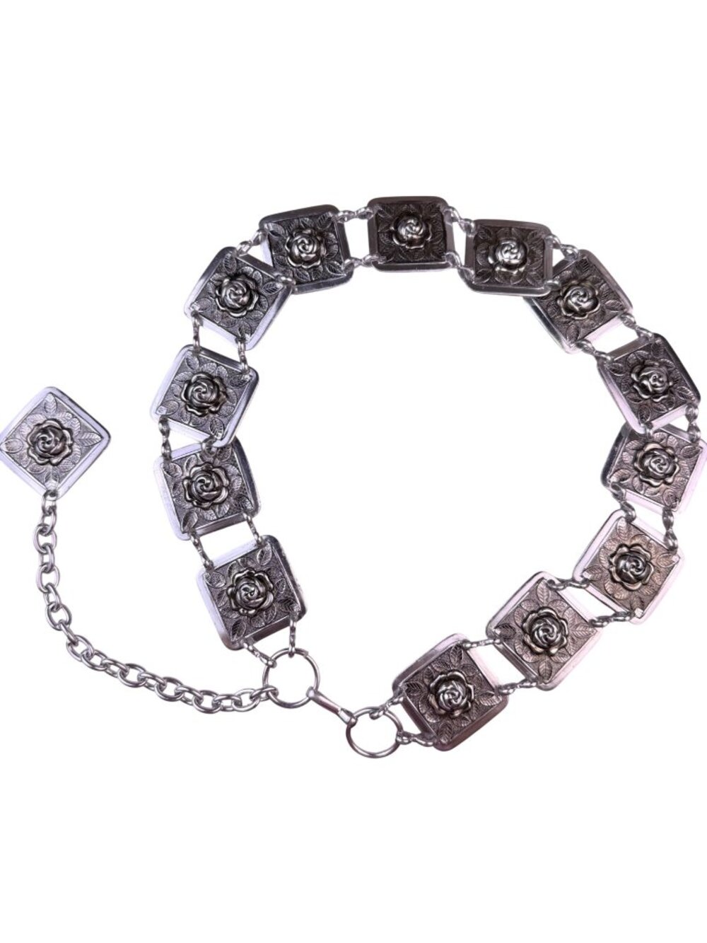 Silver-Tone Womens Adjustable Floral Metal Belt With Rose Design Chain Details